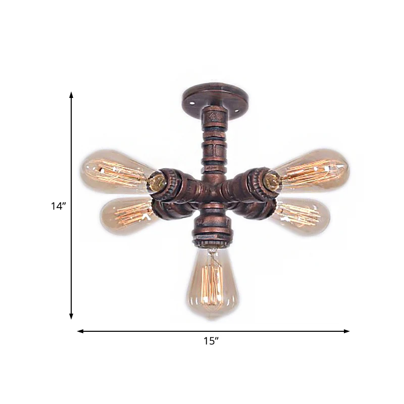 Éclairage semi-monté Spoutnik en cuivre avec conduite d'eau, plafonnier de chambre à coucher en fer forgé à 5 ampoules Cle...
