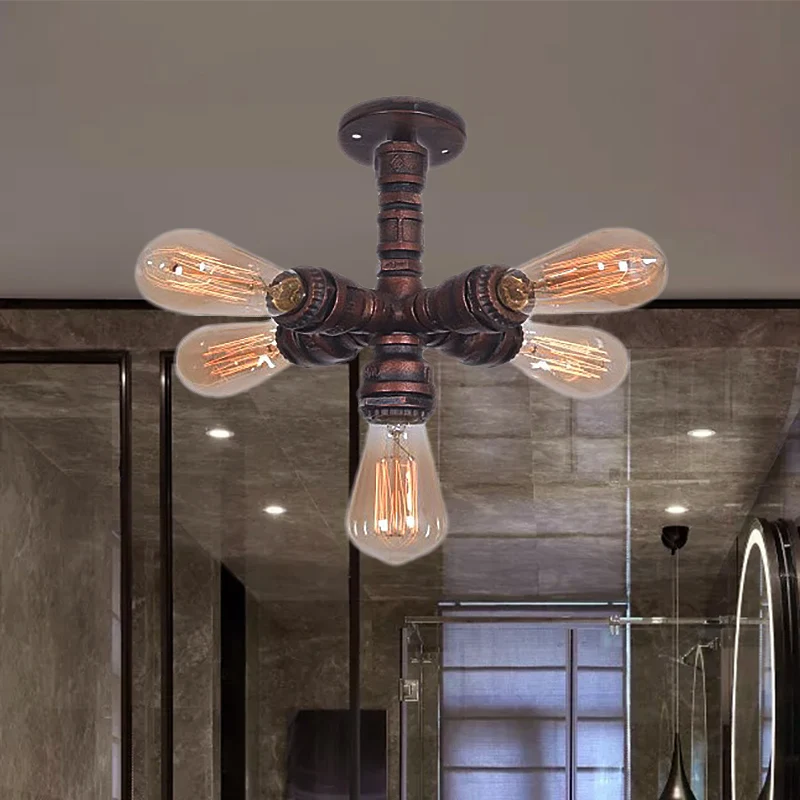 Éclairage semi-monté Spoutnik en cuivre avec conduite d'eau, plafonnier de chambre à coucher en fer forgé à 5 ampoules Cle...