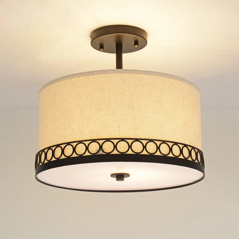 Éclairage semi-monté en tissu tambour, plafonnier traditionnel à 1 tête pour chambre à coucher, noir Clearhalo