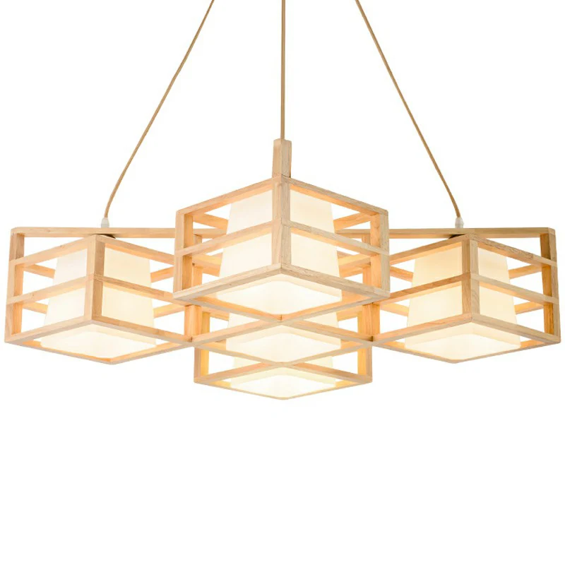 Éclairage suspendu de Style Cage symétrique, lustre nordique en bois à 5 têtes Beige avec abat-jour en verre opale Clearhalo