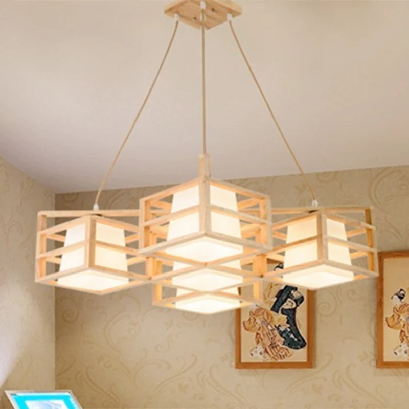 Éclairage suspendu de Style Cage symétrique, lustre nordique en bois à 5 têtes Beige avec abat-jour en verre opale Clearhalo