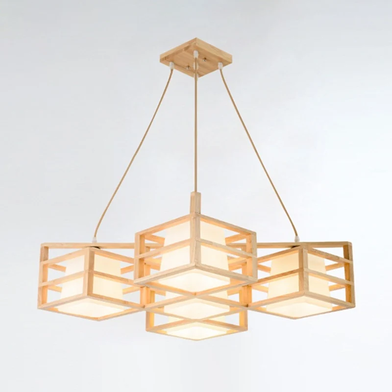 Éclairage suspendu de Style Cage symétrique, lustre nordique en bois à 5 têtes Beige avec abat-jour en verre opale Clearhalo