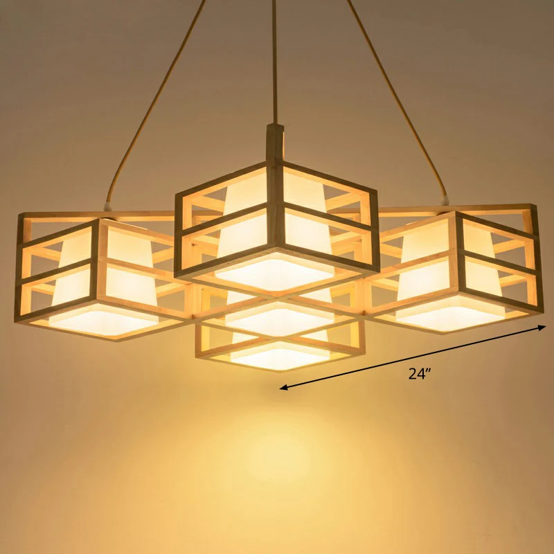 Éclairage suspendu de Style Cage symétrique, lustre nordique en bois à 5 têtes Beige avec abat-jour en verre opale Clearhalo