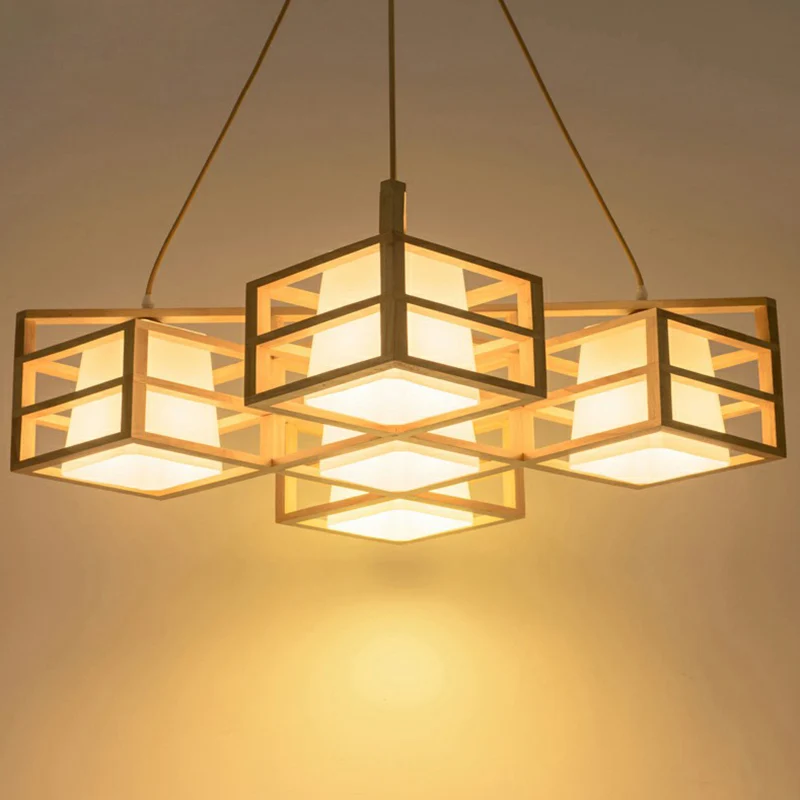 Éclairage suspendu de Style Cage symétrique, lustre nordique en bois à 5 têtes Beige avec abat-jour en verre opale Clearhalo