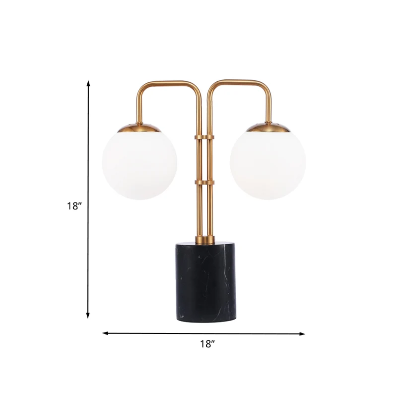 Éclairage de table globe doré moderniste, 2 ampoules, lampe de nuit en verre blanc avec socle cylindrique en marbre noir C...
