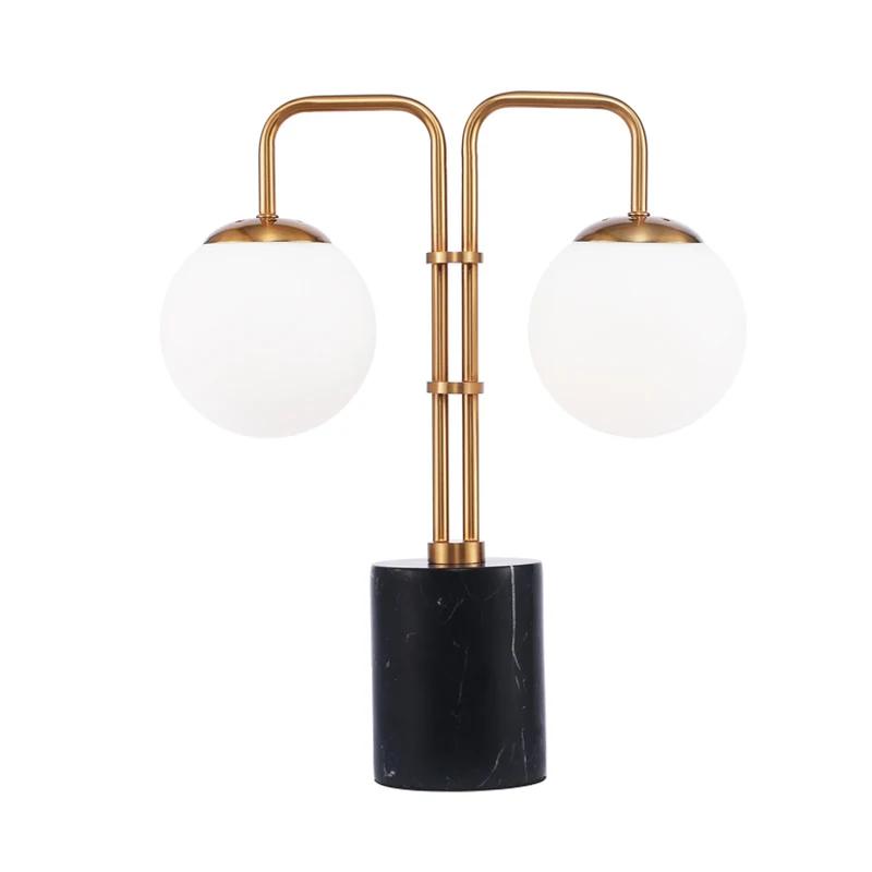 Éclairage de table globe doré moderniste, 2 ampoules, lampe de nuit en verre blanc avec socle cylindrique en marbre noir C...