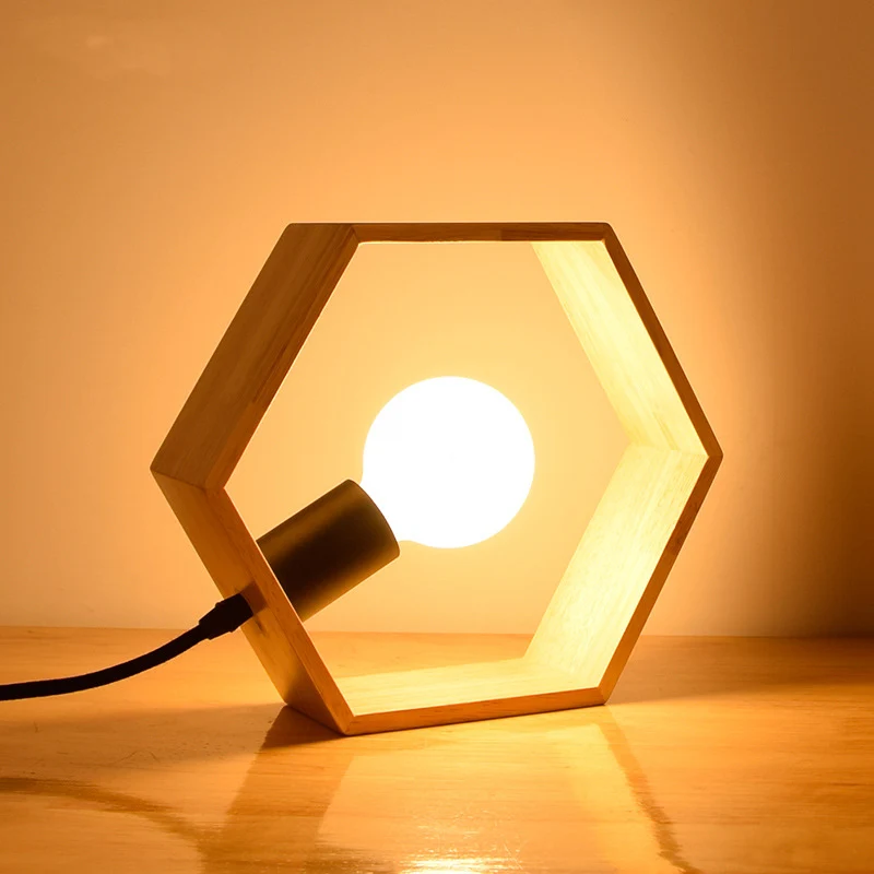 Éclairage de table hexagonal à 1 lumière avec abat-jour en bois de style lodge, lampe sur pied pour chevet Clearhalo