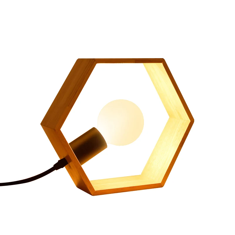 Éclairage de table hexagonal à 1 lumière avec abat-jour en bois de style lodge, lampe sur pied pour chevet Clearhalo