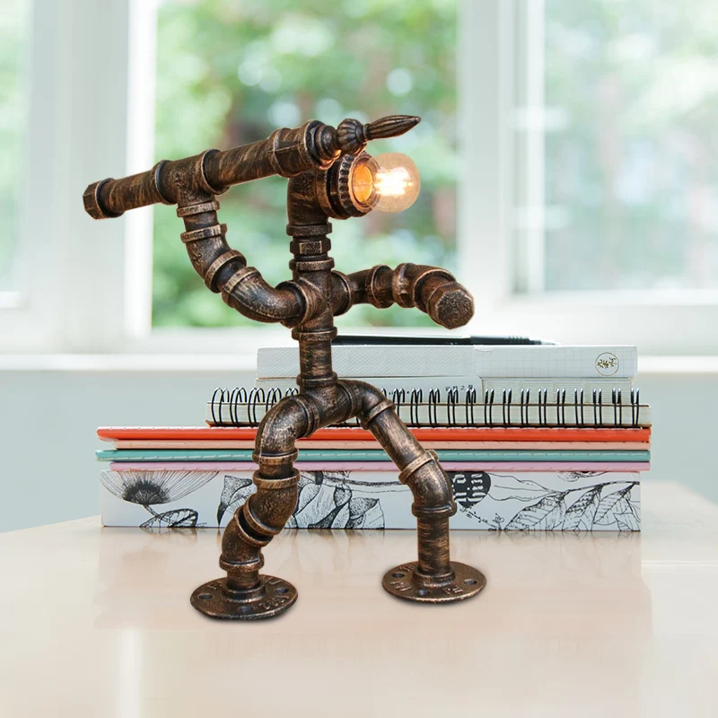 Éclairage de table à 1 lumière avec homme à pipe et ampoule nue, lampe sur pied vintage en fer forgé en bronze Clearhalo