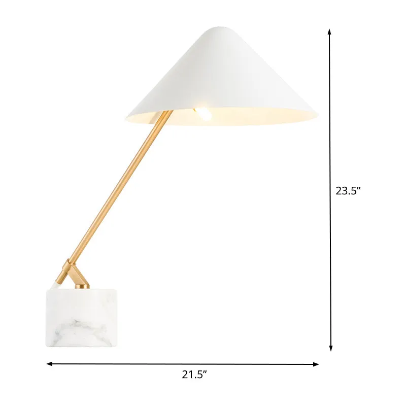 Éclairage de travail conique Modernisme Petite lampe de bureau en métal à 1 tête en blanc avec base en marbre Clearhalo
