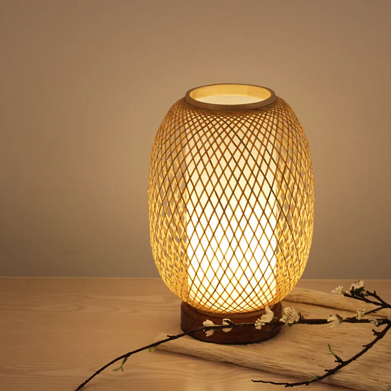 Éclairage de travail japonais travaillé à la main, petite lampe de bureau en bambou à 1 tête en bois pour chevet Clearhalo