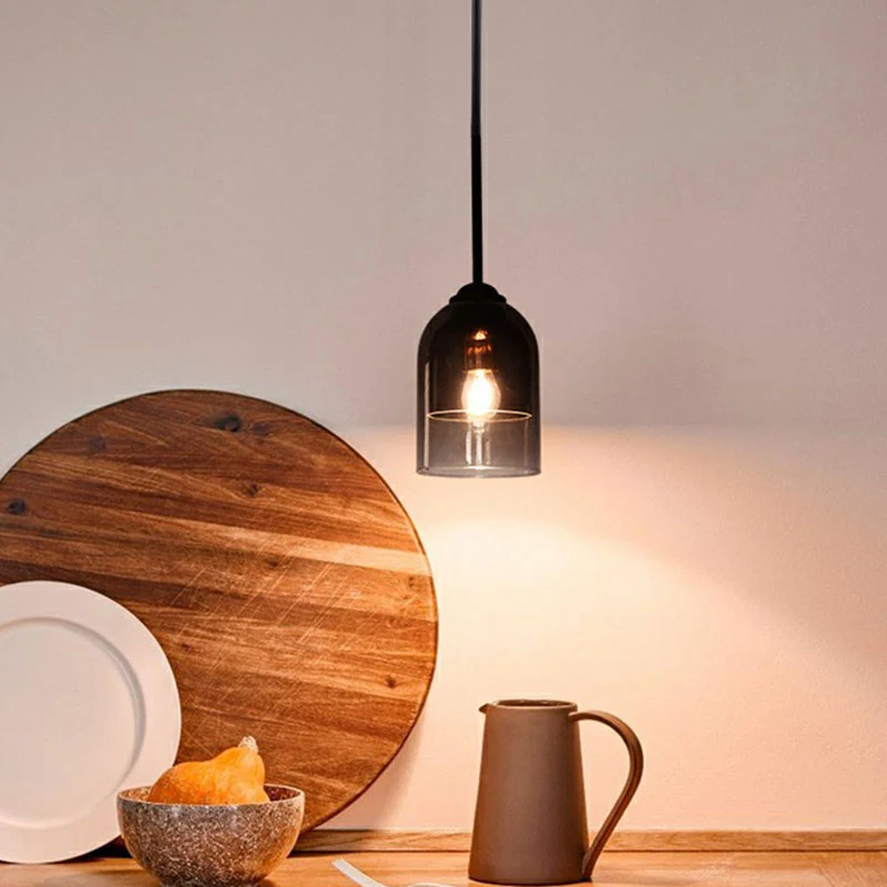 Cloche Lampe suspendue en verre gris fumé, luminaire moderne à 1 tête, luminaire suspendu noir Clearhalo