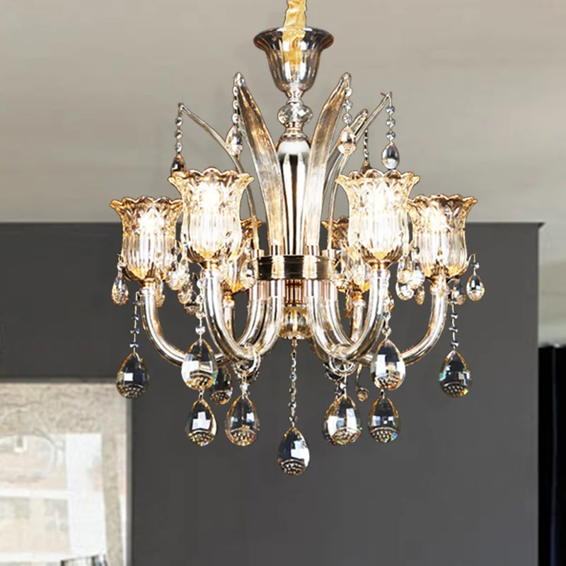 Cloche salon lustre lampe traditionnelle cristal goutte 6/8 lumières Chrome suspendu plafonnier Clearhalo