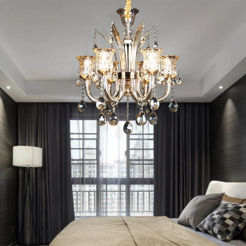 Cloche salon lustre lampe traditionnelle cristal goutte 6/8 lumières Chrome suspendu plafonnier Clearhalo