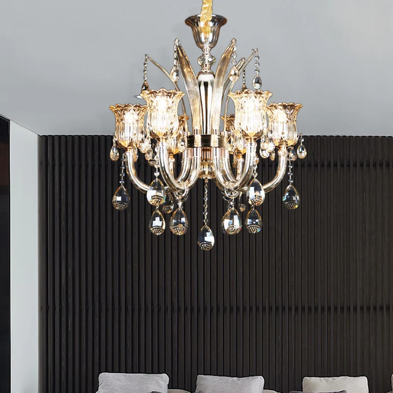 Cloche salon lustre lampe traditionnelle cristal goutte 6/8 lumières Chrome suspendu plafonnier Clearhalo