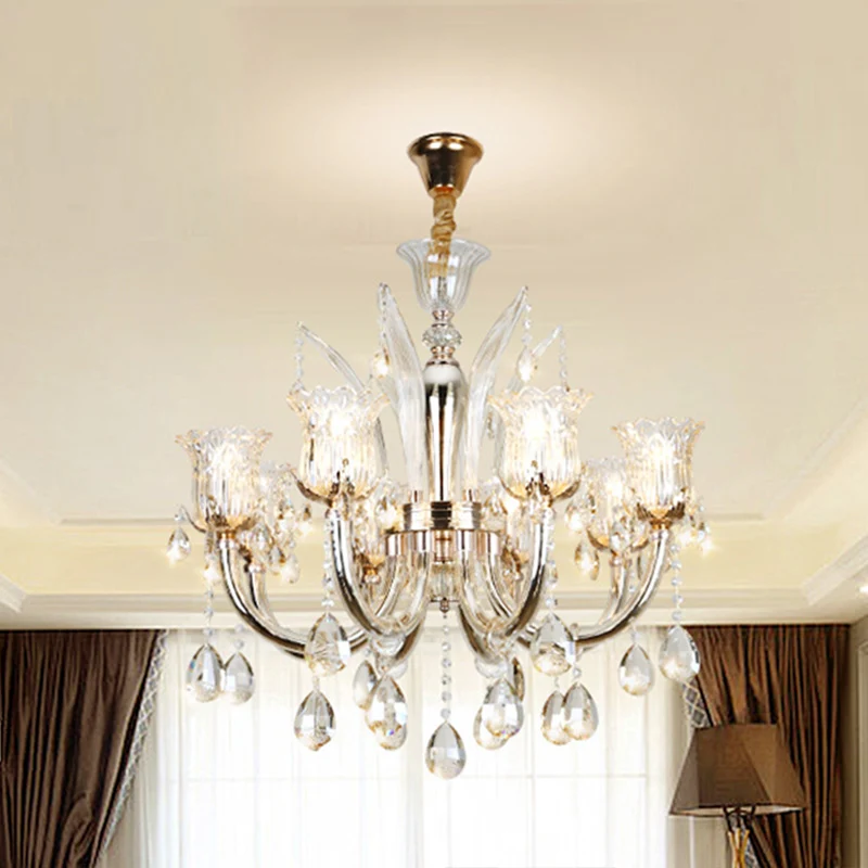 Cloche salon lustre lampe traditionnelle cristal goutte 6/8 lumières Chrome suspendu plafonnier Clearhalo