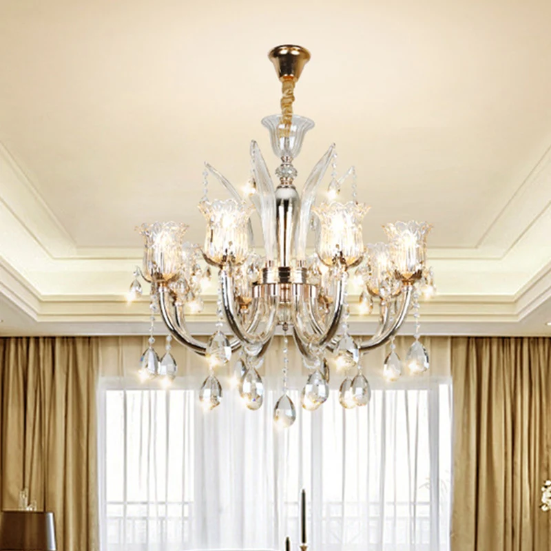 Cloche salon lustre lampe traditionnelle cristal goutte 6/8 lumières Chrome suspendu plafonnier Clearhalo