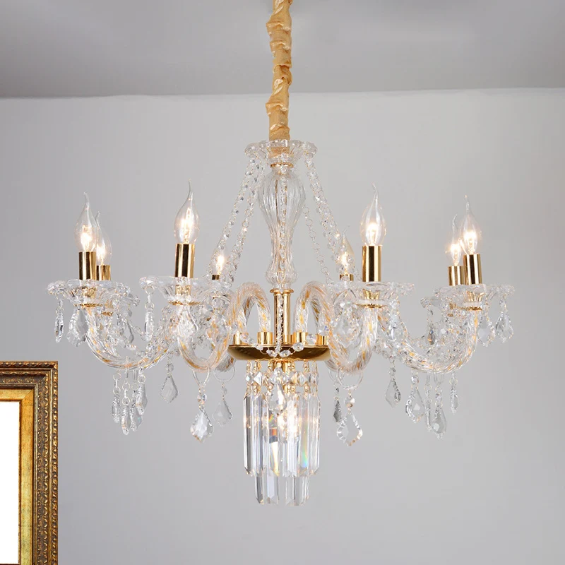 Cloche/bougie lustre en cristal lumière Vintage 8 lumières salle à manger pendentif en or avec/sans abat-jour en tissu Cle...