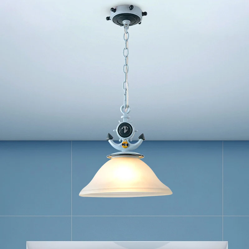 Colonne côtière/suspension évasée en verre dépoli 5"/13" W 1 ampoule lampe de plafond de chevet avec motif ancre en bleu C...