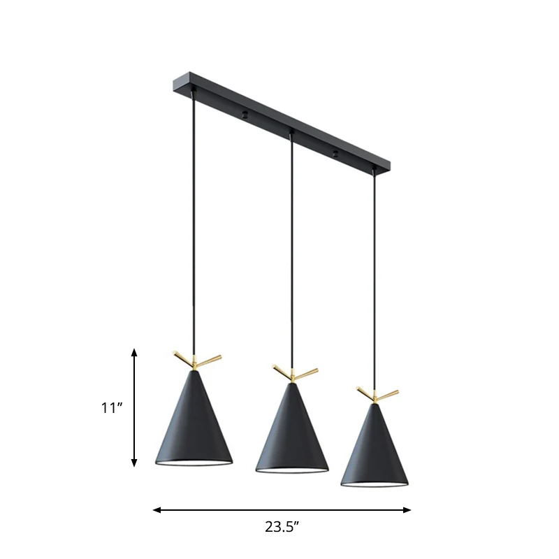Cone Shade Cluster Pendant Nordic Metallic 3 lumières Noir/Noir-Gris-Blanc/Blanc Lampe suspendue avec décor en bois de cer...