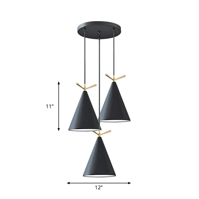 Cone Shade Cluster Pendant Nordic Metallic 3 lumières Noir/Noir-Gris-Blanc/Blanc Lampe suspendue avec décor en bois de cer...