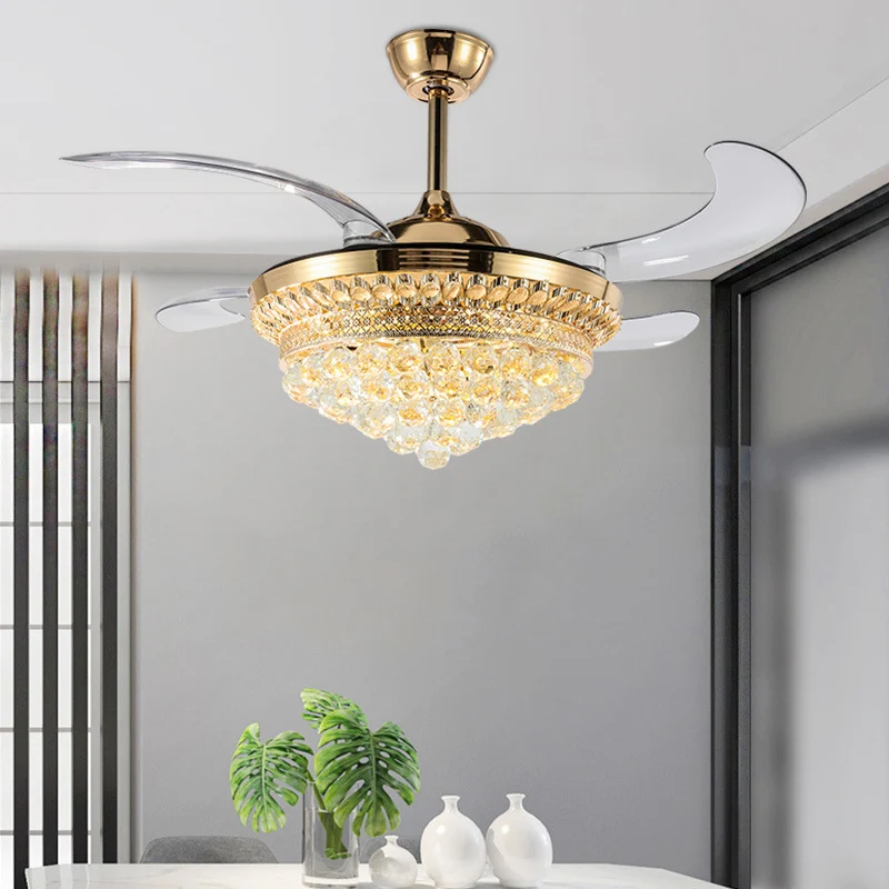 Cristal conique 4 pales pendentif ventilateur lumière moderne élégant LED semi-encastré plafonnier pour salon Clearhalo