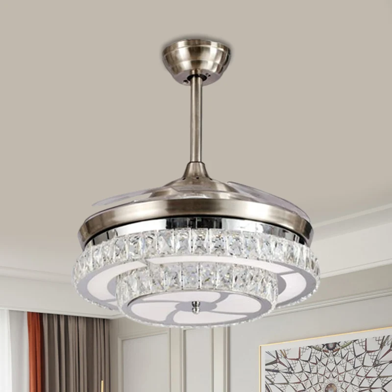 Crystal Block Circle Semi Mount Lighting Modernisme LED ventilateur suspendu en chrome avec 4 pales, 48,3 cm de large Clea...