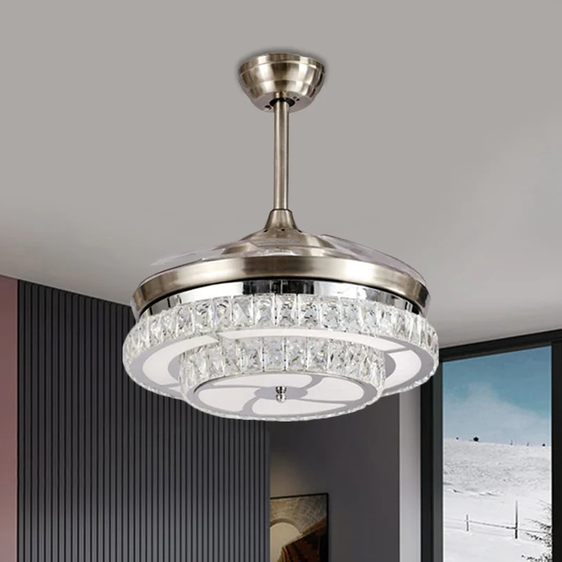 Crystal Block Circle Semi Mount Lighting Modernisme LED ventilateur suspendu en chrome avec 4 pales, 48,3 cm de large Clea...