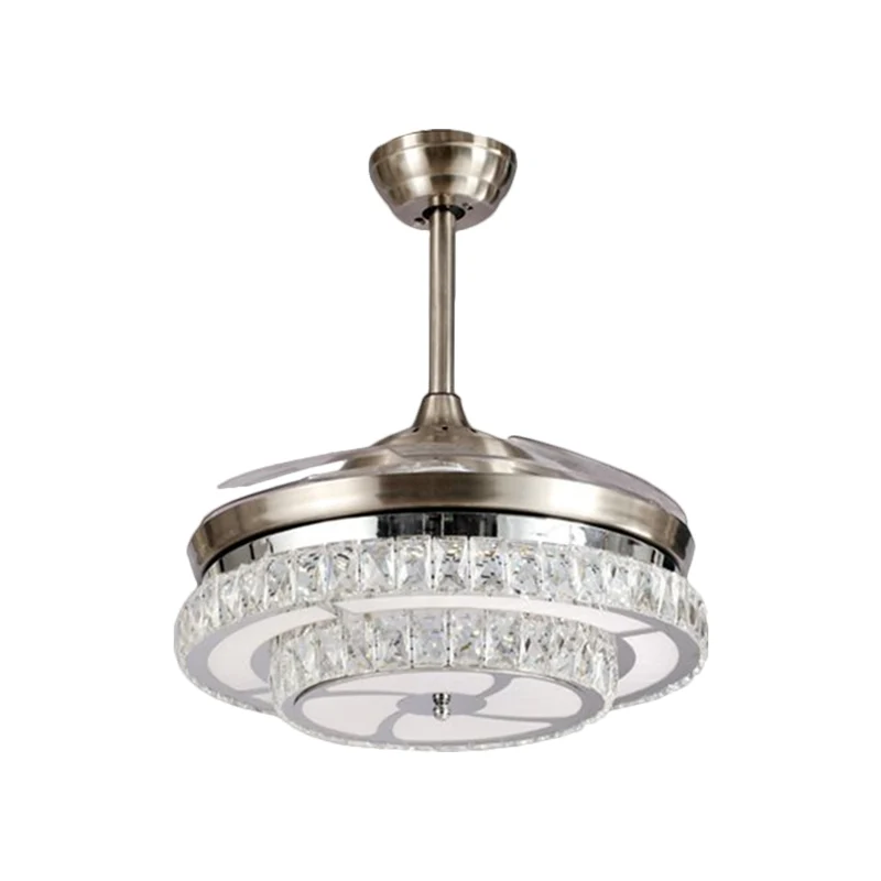 Crystal Block Circle Semi Mount Lighting Modernisme LED ventilateur suspendu en chrome avec 4 pales, 48,3 cm de large Clea...