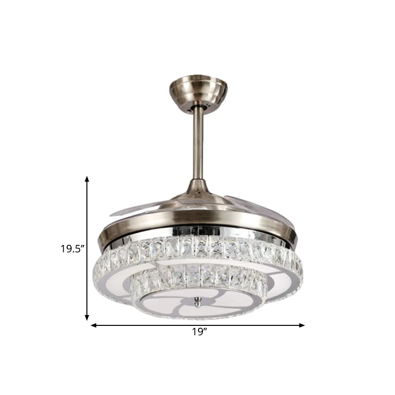 Crystal Block Circle Semi Mount Lighting Modernisme LED ventilateur suspendu en chrome avec 4 pales, 48,3 cm de large Clea...