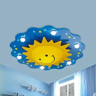 Dessin animé souriant soleil plafonnier bois plafonnier en jaune pour salle de jeux Clearhalo