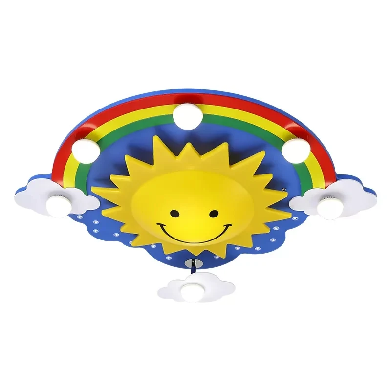 Dessin animé souriant soleil plafonnier bois plafonnier en jaune pour salle de jeux Clearhalo