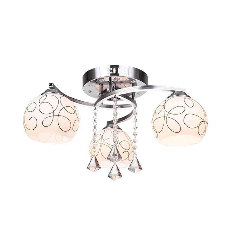 Global Salon Semi-affleurant Minimaliste en Verre Opale 3/5 Lumières Plafond Chromé avec Goutte de Cristal Clearhalo