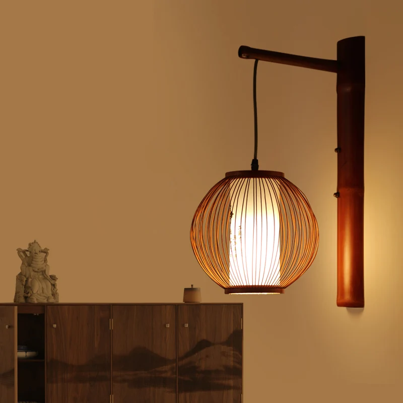Global Wall Lighting Applique murale traditionnelle en bambou à 1 ampoule en bronze avec abat-jour en parchemin cylindriqu...