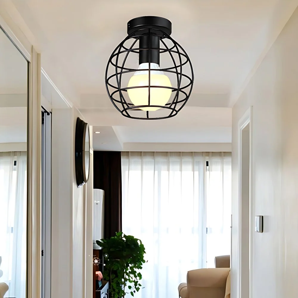 Globe Cage Abat-jour en métal Plafonnier Style Rétro 1 Lumière Couloir Plafonnier Encastré en Noir/Blanc Clearhalo