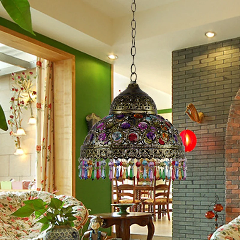 Gourd Bistro Suspension Suspendue Style Bohème Métal 1 Ampoule Bronze/Cuivre Plafonnier avec Franges et Décor de Perles, 1...