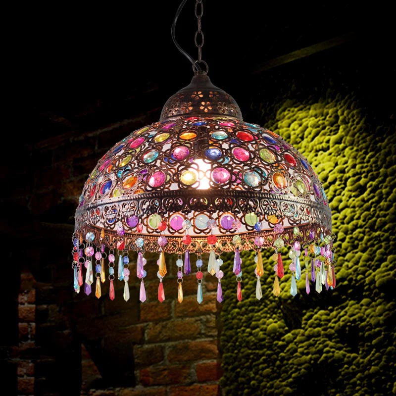 Gourd Bistro Suspension Suspendue Style Bohème Métal 1 Ampoule Bronze/Cuivre Plafonnier avec Franges et Décor de Perles, 1...