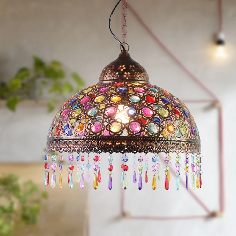 Gourd Bistro Suspension Suspendue Style Bohème Métal 1 Ampoule Bronze/Cuivre Plafonnier avec Franges et Décor de Perles, 1...