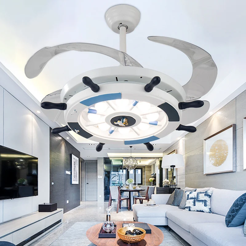 Gouvernail en bois Semi encastré luminaire nautique élégant LED blanc ventilateur de plafond lampe pour salon Clearhalo