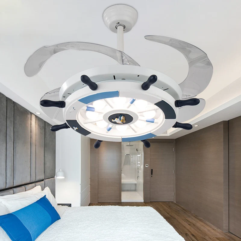 Gouvernail en bois Semi encastré luminaire nautique élégant LED blanc ventilateur de plafond lampe pour salon Clearhalo