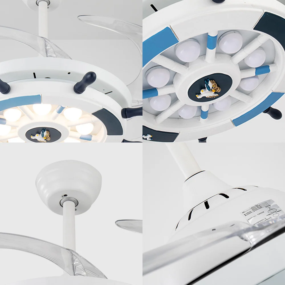 Gouvernail en bois Semi encastré luminaire nautique élégant LED blanc ventilateur de plafond lampe pour salon Clearhalo