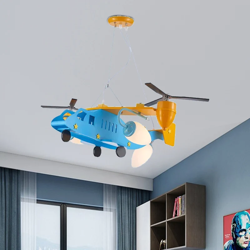 Hélicoptère Maternelle Garçons Chambre Lustre Métal Cool Plafonnier en Finition Bleue Clearhalo