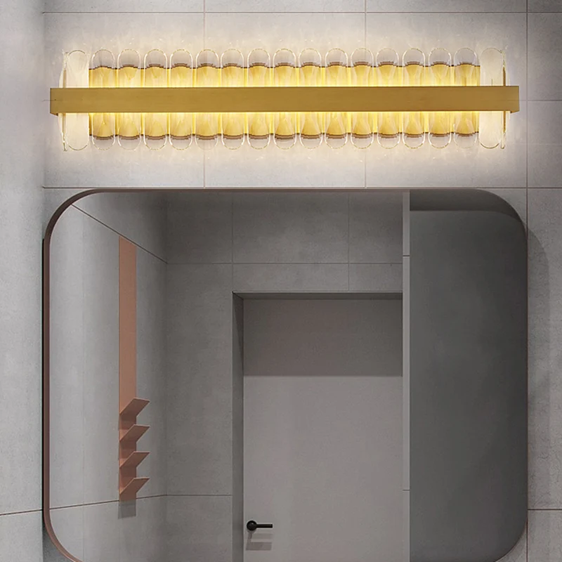 Idée d'éclairage mural linéaire doré, lampe contemporaine à LED avec cristaux ovales transparents pour salle de bain Clear...