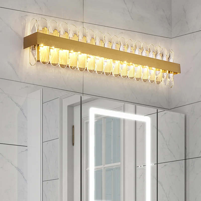 Idée d'éclairage mural linéaire doré, lampe contemporaine à LED avec cristaux ovales transparents pour salle de bain Clear...