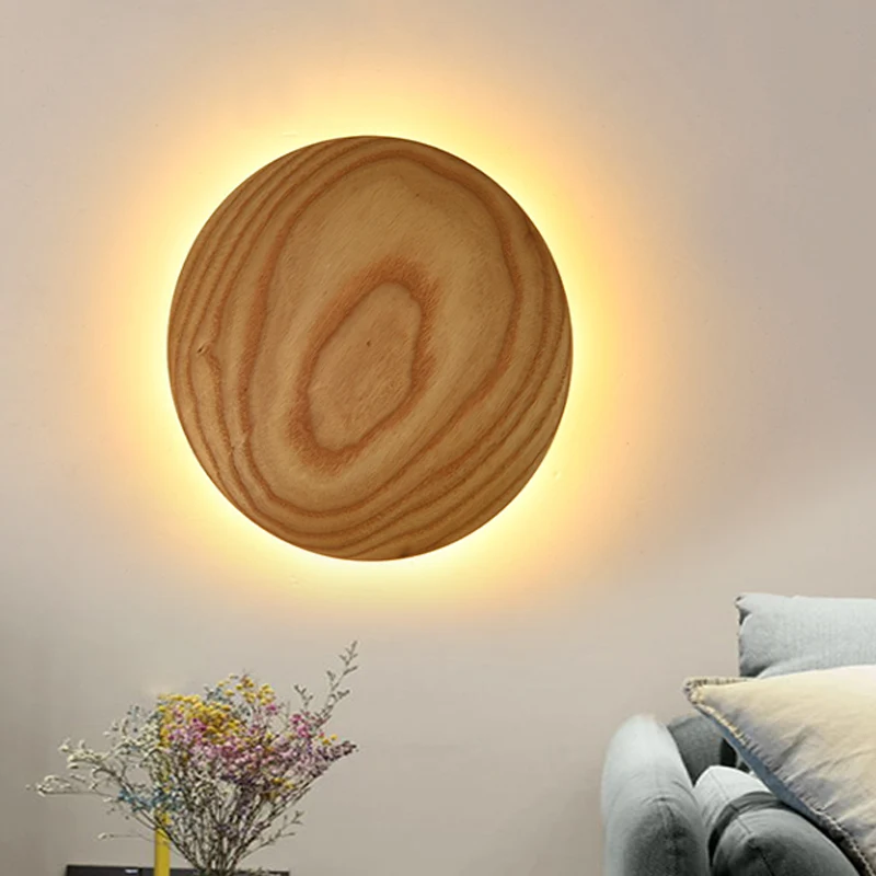 Idées d'éclairage mural en forme de cercle en bois, minimalisme, largeur de 5 "/ 7", LED, Surface Beige, applique murale p...