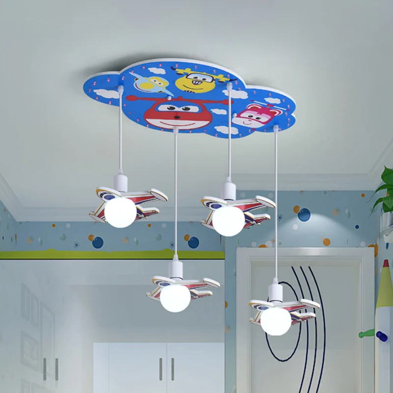 Kit de lampe suspendue en bois à 4 têtes de plafonnier multi en forme d'avion finition bleue Clearhalo