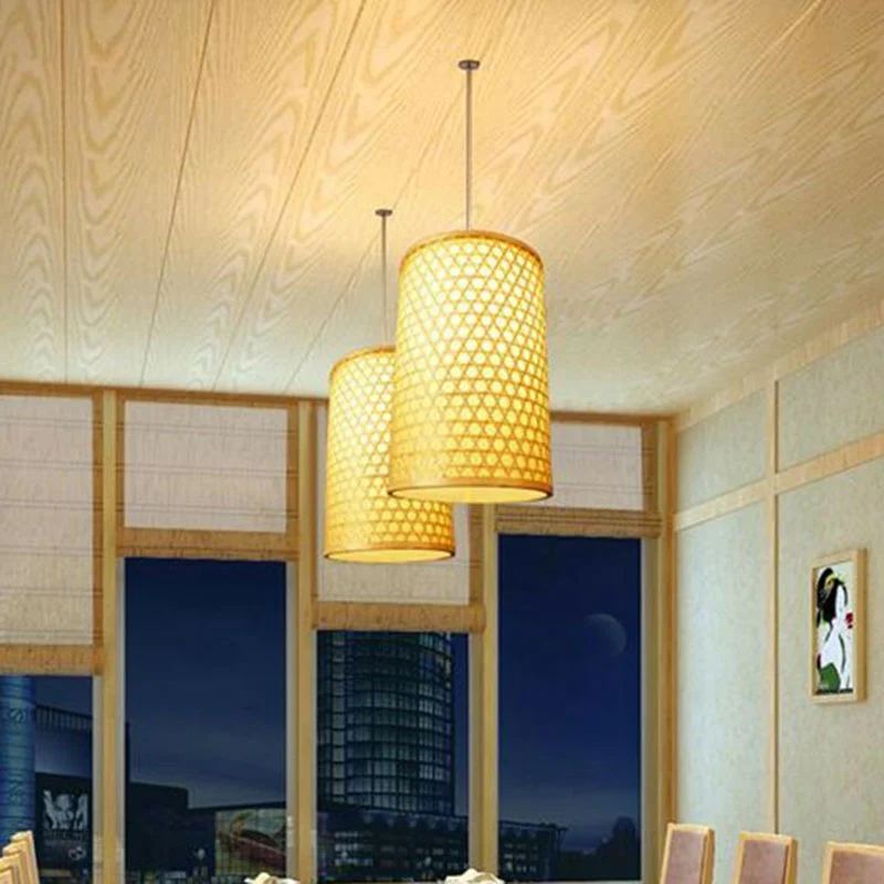 Kit de suspension cylindrique beige, lampe suspendue en bambou à 1 lumière Asia pour salle à manger Clearhalo