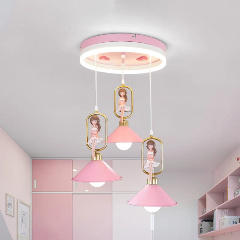 Kit de suspension en forme de cloche métallique, lampe suspendue à 3 ampoules de dessin animé avec décor de fille en rose...