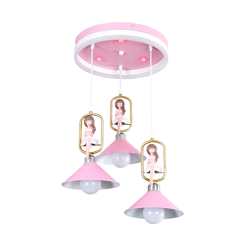 Kit de suspension en forme de cloche métallique, lampe suspendue à 3 ampoules de dessin animé avec décor de fille en rose...