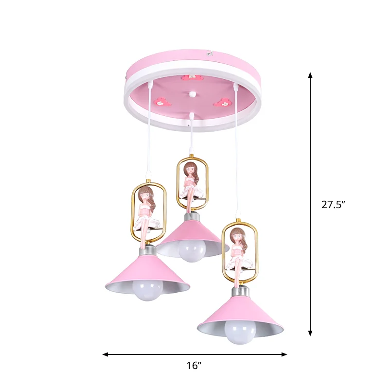 Kit de suspension en forme de cloche métallique, lampe suspendue à 3 ampoules de dessin animé avec décor de fille en rose...